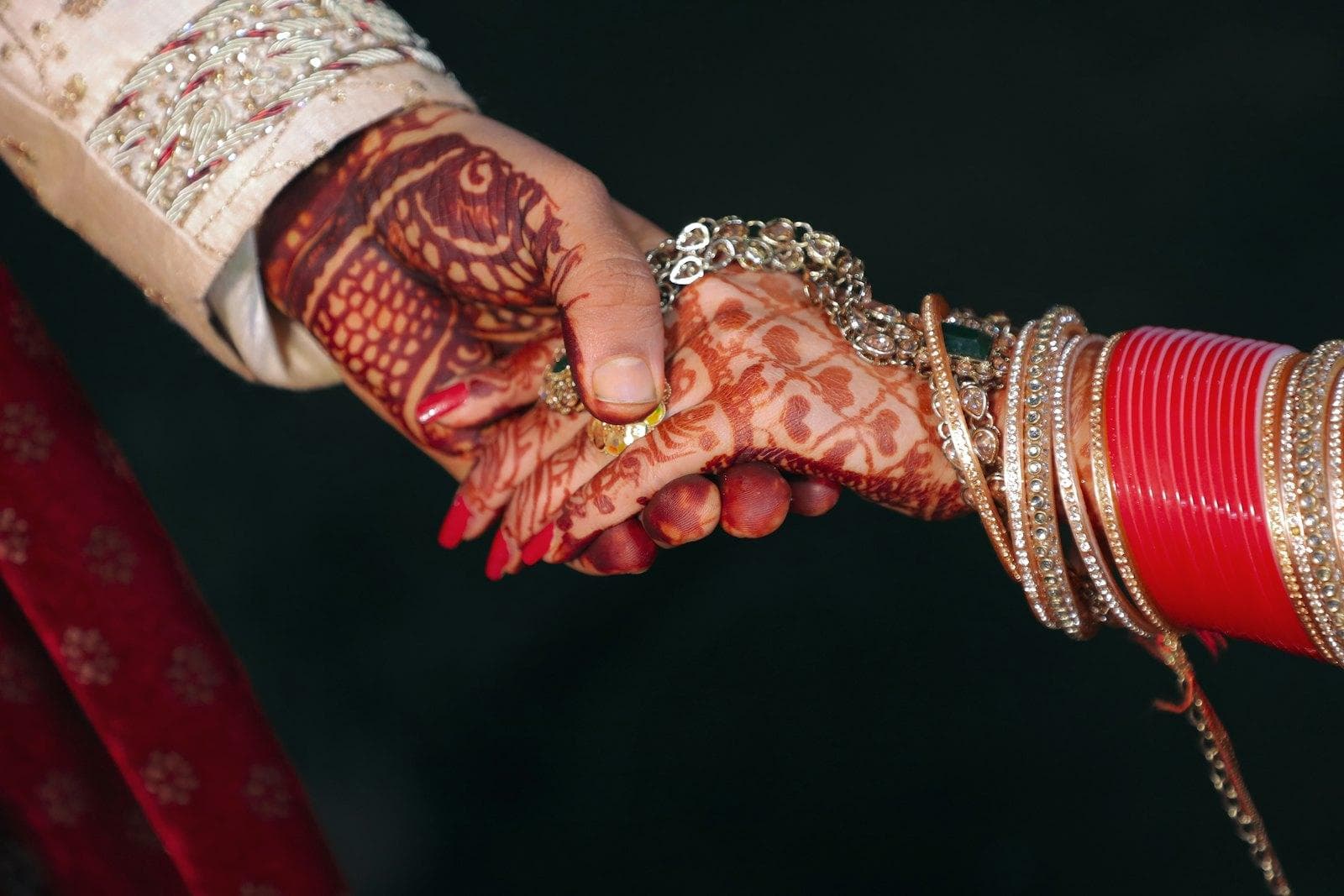 Two hands with intricate henna holding each other